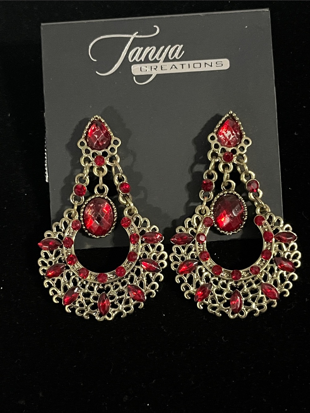 Badd Red Gem Filigree Drop Clip Earrings